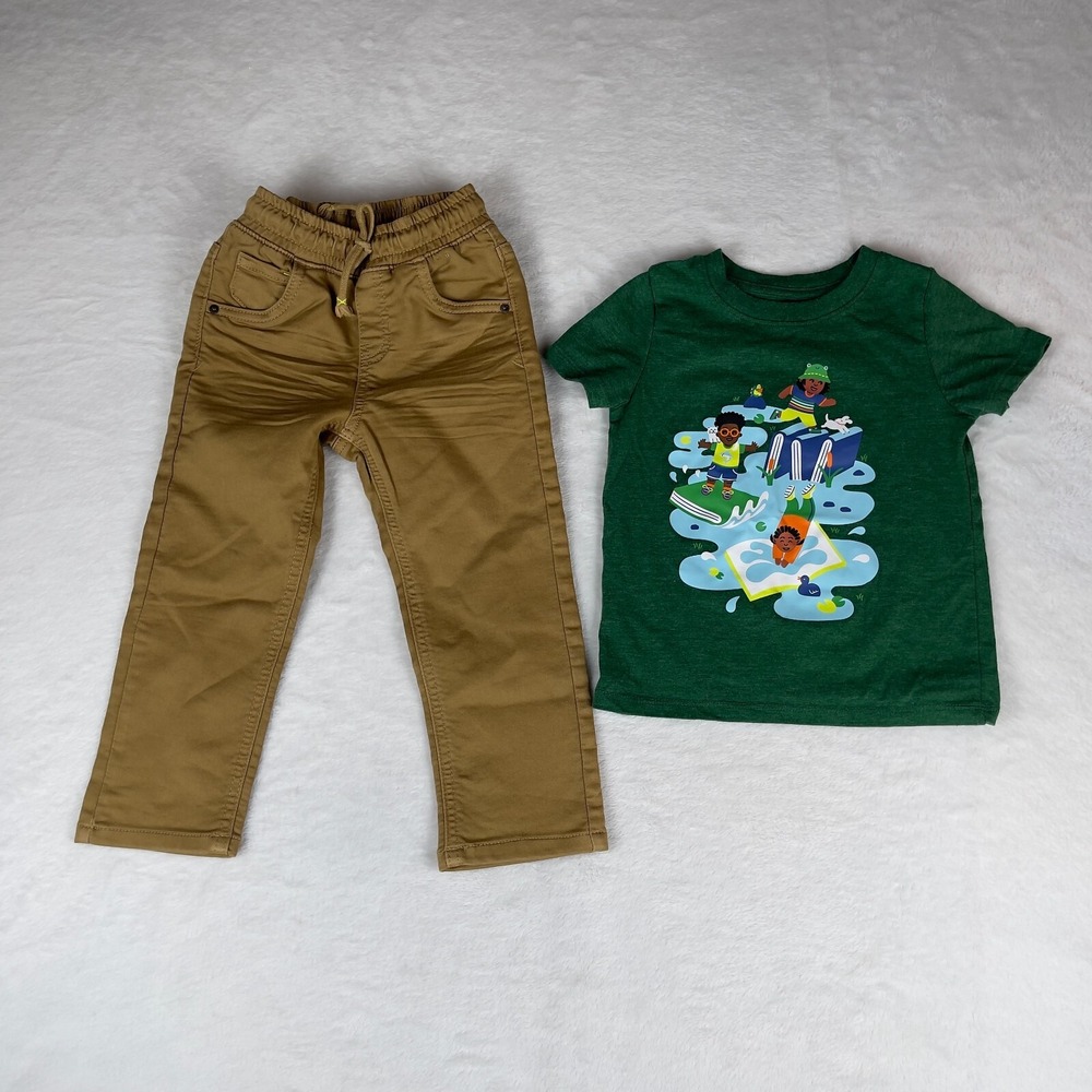 Lot of 2 Jogger & Shirt Set Boys 3T Green Khaki Straight‎ Recto Graphic Print